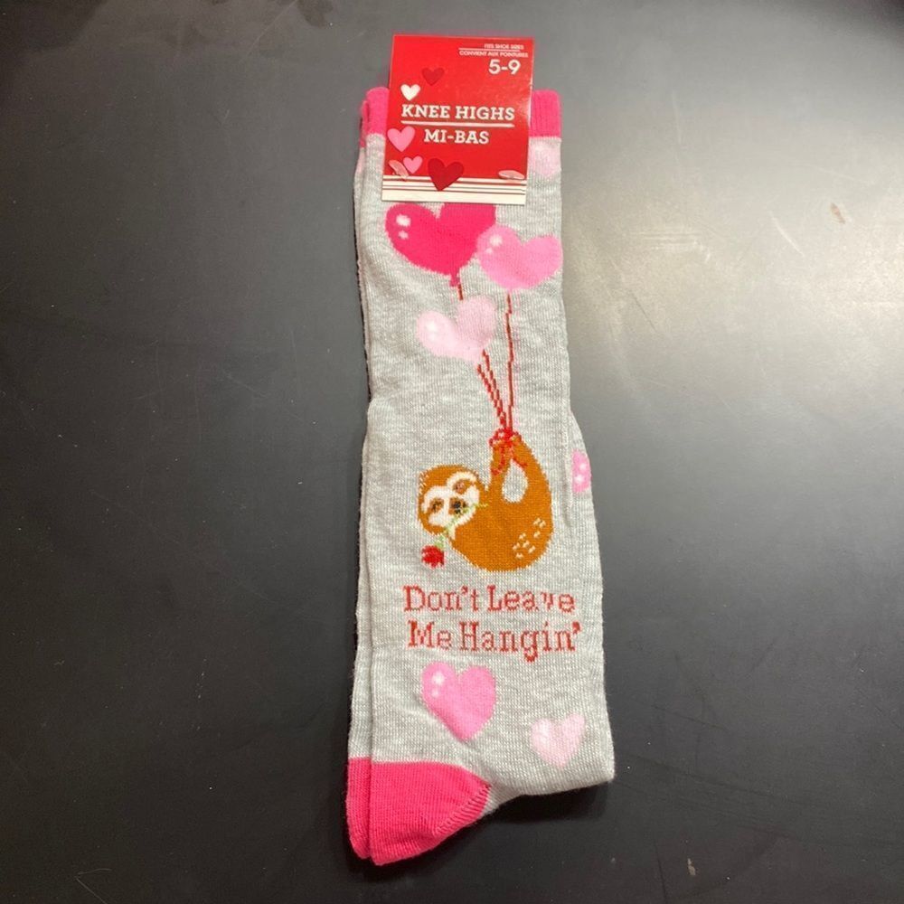Women’s Knee High Pink & Gray Socks. Size 5-9. Sloth And Hearts Love Design.